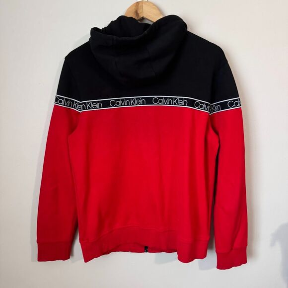 Calvin Klein Large Black Red Tech Jersey Jacket w Hoodie Full Zip Activewear - Picture 2 of 12